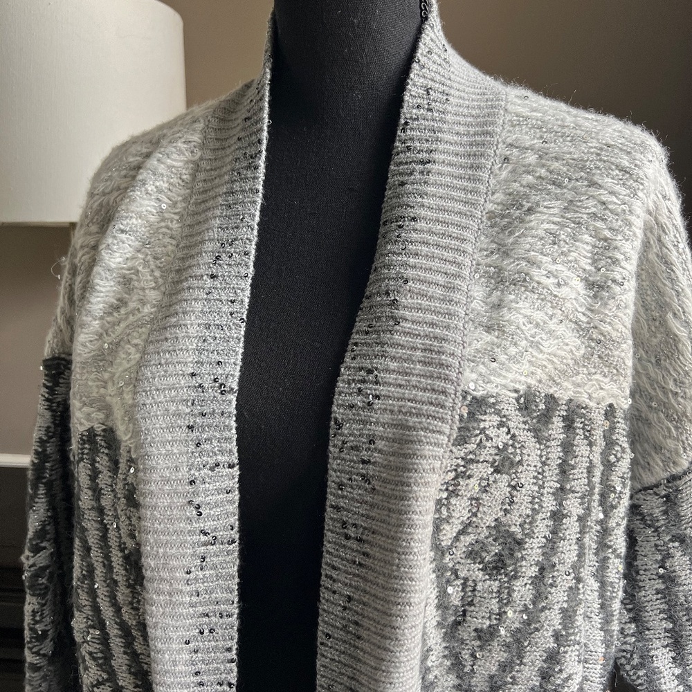 White House Black Market Women's Silver Sparkle Wrap Sweater Top Size L - Picture 4 of 5